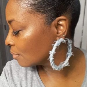 Denim distressed custom hoop earrings  3"